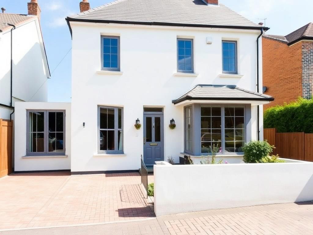 Renovated house exterior with crisp white render, new windows and paved driveway