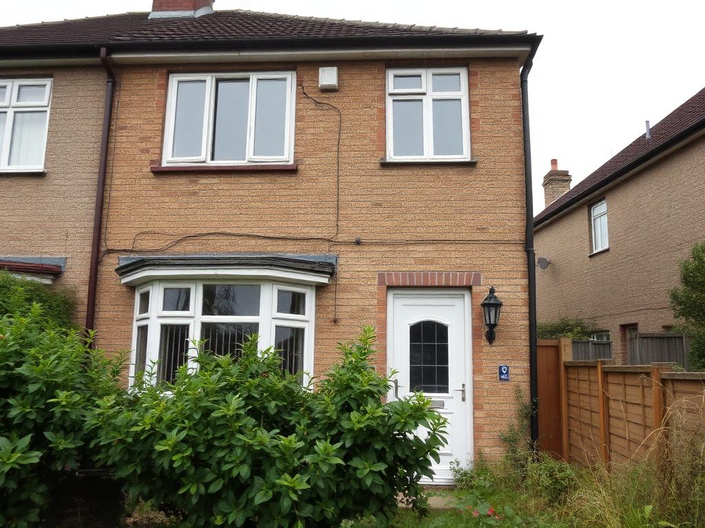Tired semi-detached house exterior with stained render before renovation