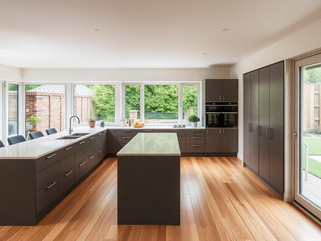 Completed open-plan kitchen with handleless cabinetry and quartz island