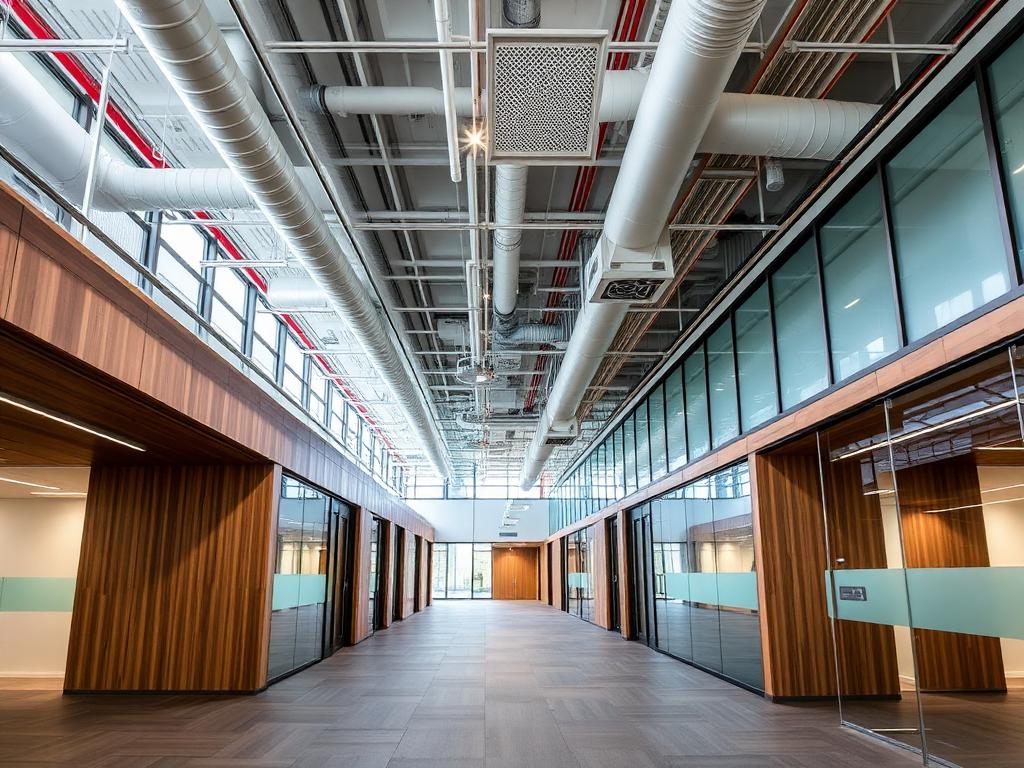 Completed commercial office fit-out with glass partitions and exposed services