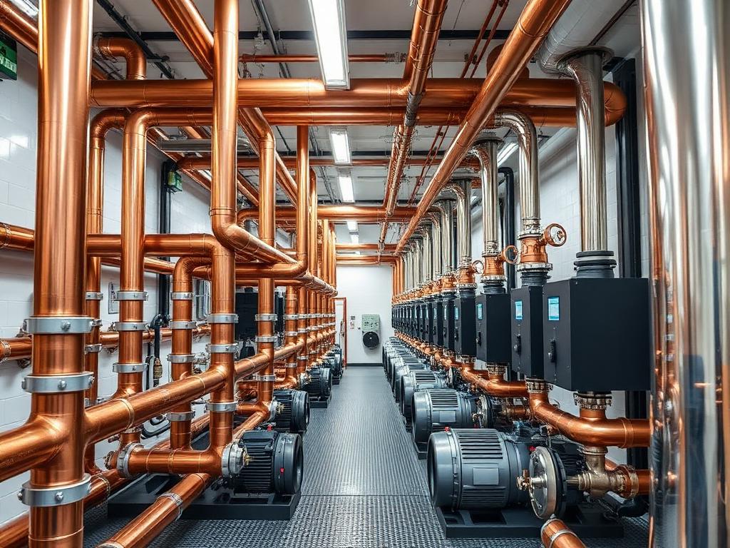 Commercial plant room with polished copper pipework, pumps and insulated headers