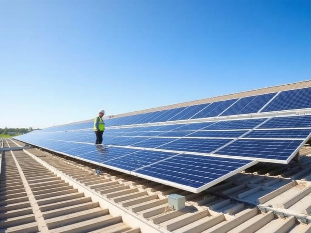 Commercial solar PV array on a flat industrial roof with engineer inspecting panels